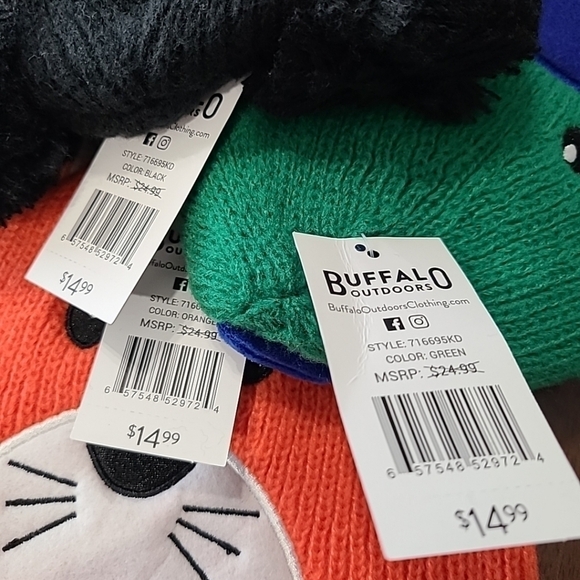 NEW Buffalo Outdoors® Workwear 3 Pack Kid's Knit Beanie Hats Bear, Fox, Dino - Picture 6 of 8